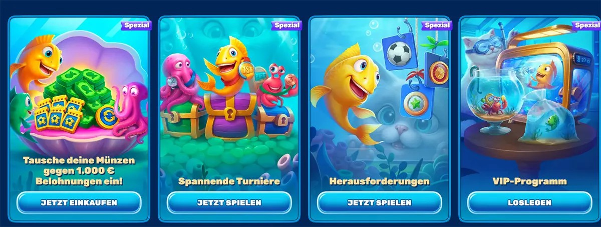 Special promotions section (German localisation) with underwater-themed cards featuring a cartoon fish mascot, highlighting: exchanging coins for rewards, spannende Turniere (tournaments), Herausforderungen (challenges), and a VIP-Programm, each with CTA buttons like “Jetzt einkaufen,” “Jetzt spielen,” and “Loslegen”