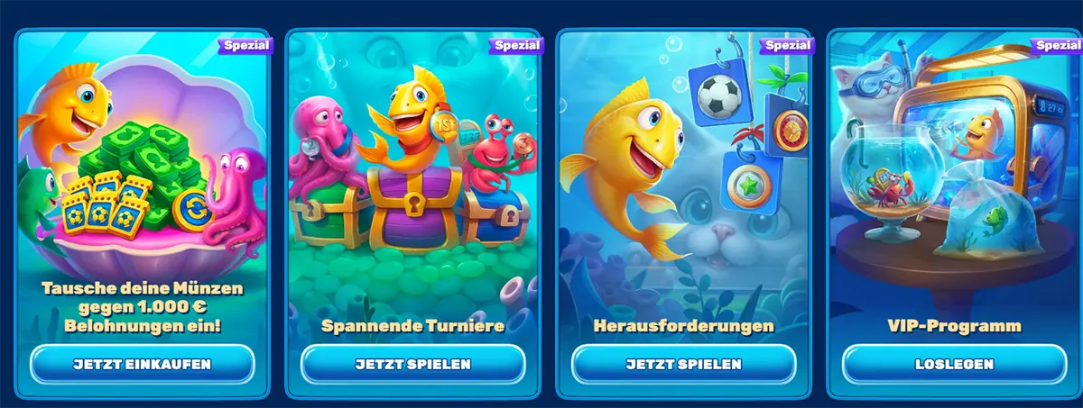 Special promotions section (German localisation) with underwater-themed cards featuring a cartoon fish mascot, highlighting: exchanging coins for rewards, spannende Turniere (tournaments), Herausforderungen (challenges), and a VIP-Programm, each with CTA buttons like “Jetzt einkaufen,” “Jetzt spielen,” and “Loslegen”