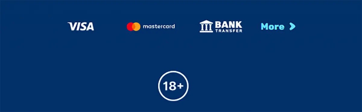 Footer-style payment section showing Visa, Mastercard, and bank transfer options, with a “More” link for additional methods and a centered 18+ age restriction badge on a blue background